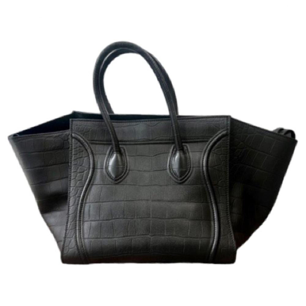 CELINE 
Crocodile Embossed Calfskin Medium Phantom Luggage Black